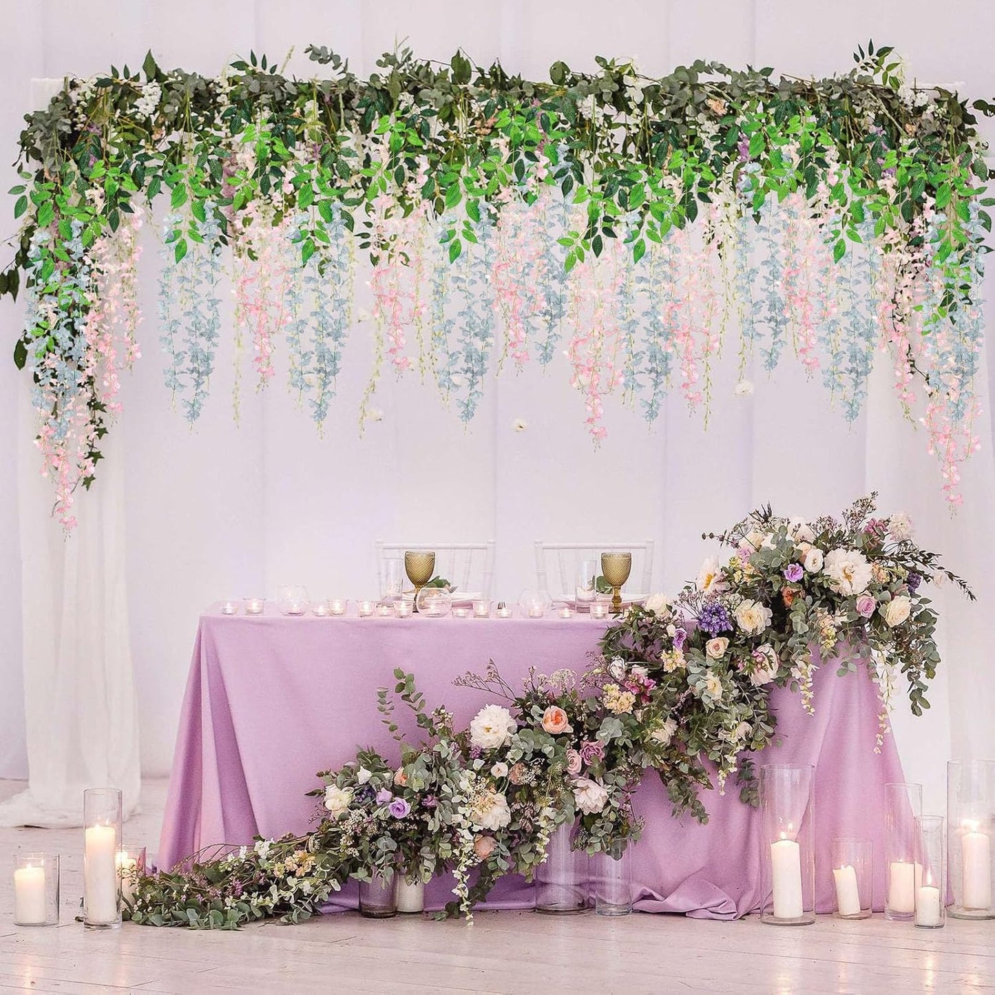 12 Pack Grey Wisteria Hanging Flowers Garland with Lights, 3.44 Feet Artificial Flower Vines, Fake Wisteria, Artificial Vines Hanging Garland for Backdrop Outdoor Patio Garden Decor