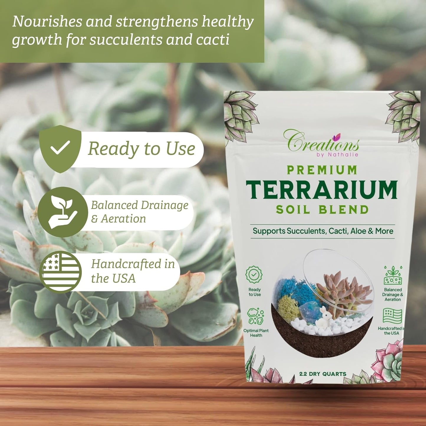 Terrarium Soil Blend - Well Draining Potting Soil for Live Succulents, Cactus, Aloe - Terrarium Supplies, Natural Pine Bark, Peat, Coarse Sand - Indoor Planting Mix Bag