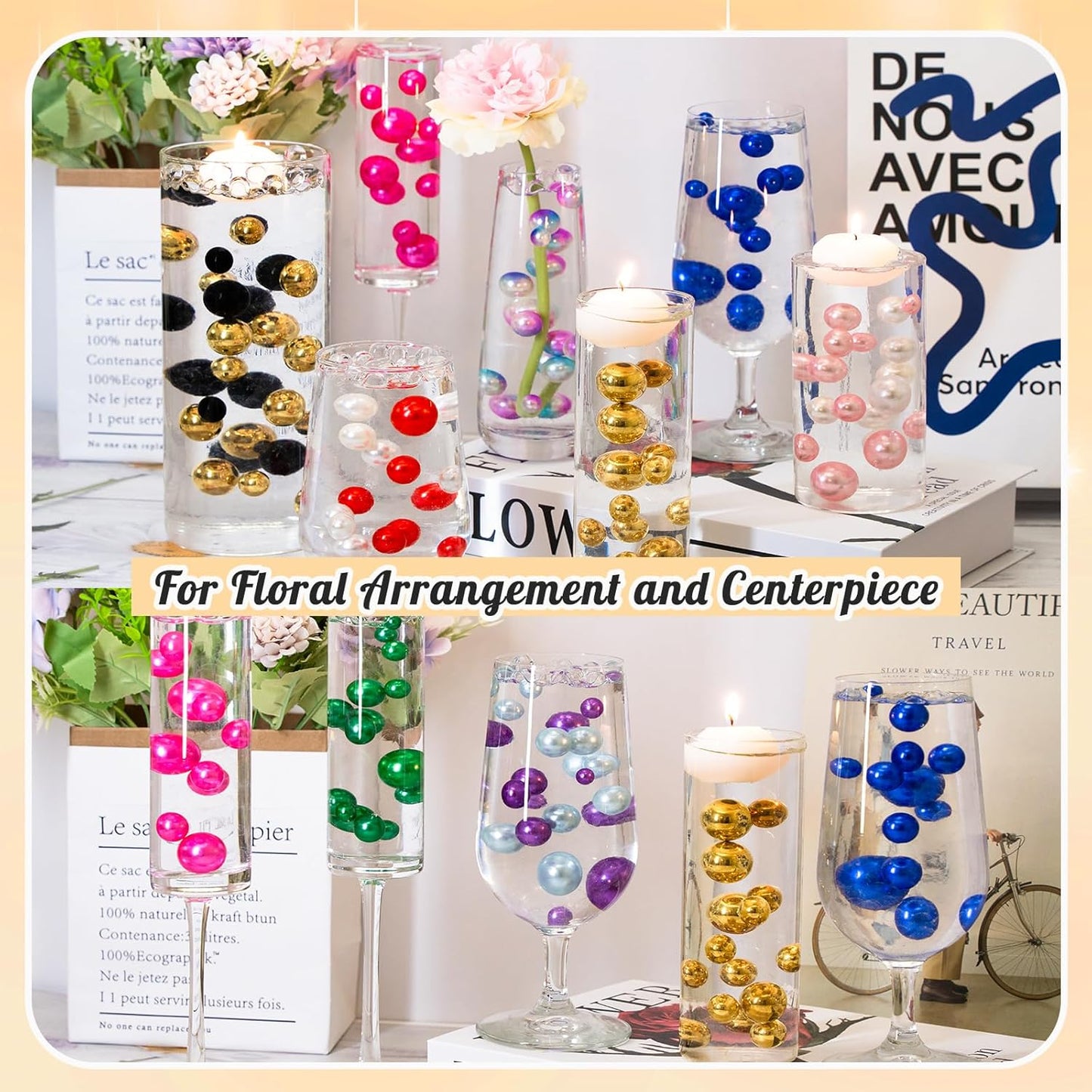 300Pcs Pearl Vase Filler, Black No Hole Faux Pearl Beads for Centerpieces Vases, Candle Centerpieces, Wedding Birthday Party Home Decor 8/10/14/20mm