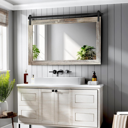 COGOOD Farmhouse Barn Door Mirror - 41" x 26" Rustic Wood Framed Wall Mirror for Bathroom, Living Room, Entryway Wall Decor (Yellow White)