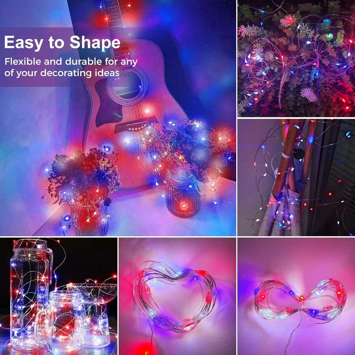 kolpop 30 Pack 4th of July Decor Patriotic Fairy Lights Battery Operated with 3 Modes, Red White Blue Twinkle String Lights Waterproof for Mason Jars Party