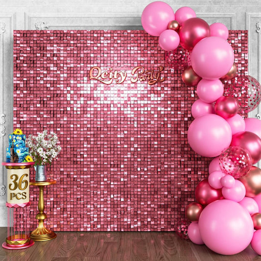 Qcity Pink Shimmer Wall Backdrop 36PCS, Black Back Not See-Through Design, Square Sequin Glitter Backdrop Panel, Perfect for Outdoor Events, Birthdays, Wedding and Party Decoration