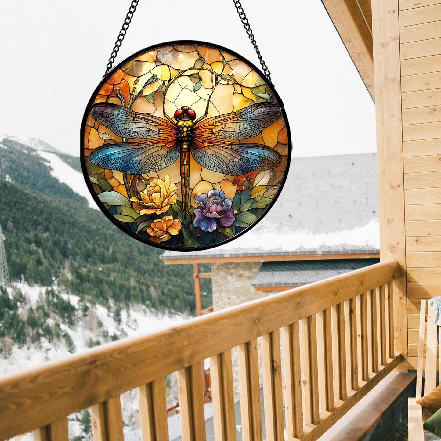 Stained Glass Window Hanging - Orange Blue Dragonfly Flower Suncatcher for Doors Window Home Sun Catchers Decor Christmas Mother's Day Birthday Outdoor Gifts for Women Men Mom Nana 11.8 in