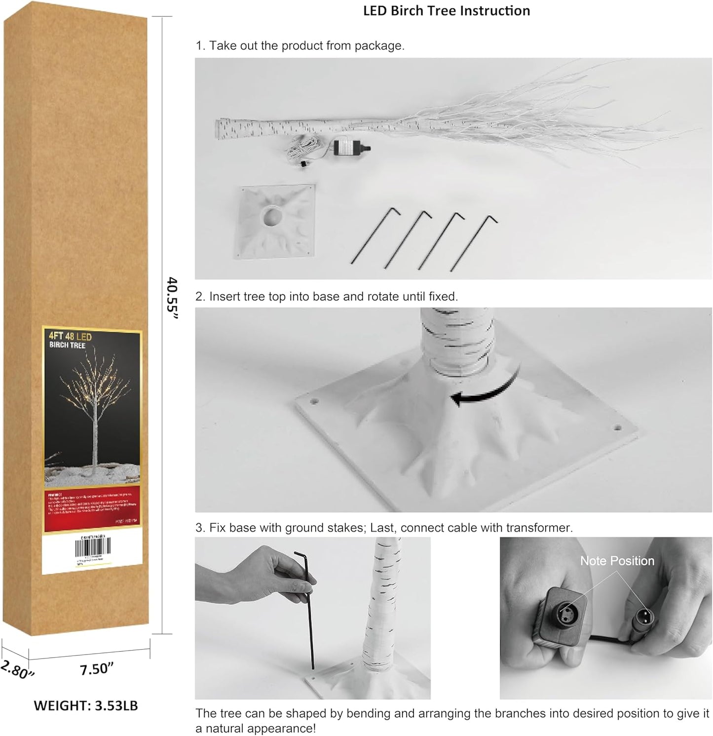 LIGHTSHARE 4 Feet Birch Tree, 48 LED Lights, Warm White, for Home, Festival, Party, and Christmas Decoration, Indoor and Outdoor Use