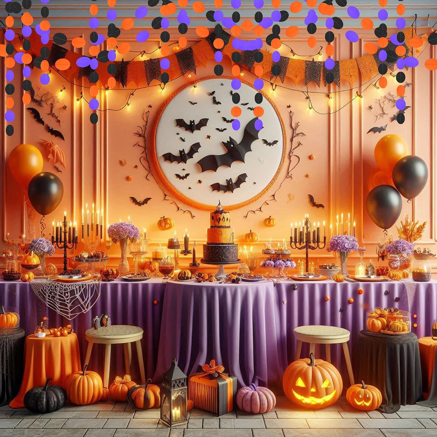 Black-Orange-Purple Halloween Party-Decorations - 52Ft Paper Garland Streamers Backdrop Graduation Wedding Birthday Banner Baby Shower Halloween Decorations Hanging Décor HongTongTong