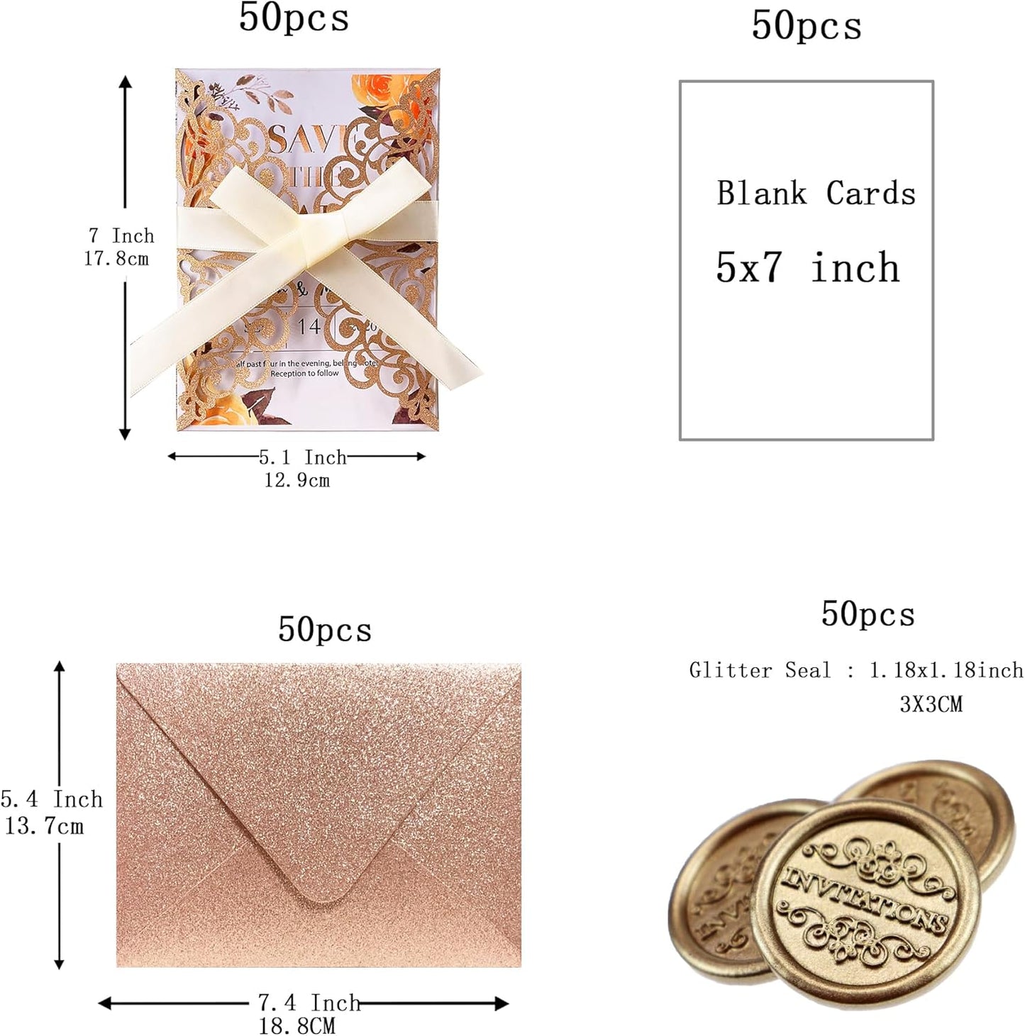 50Pcs Laser Cut Wedding Invitation With Glitter Envelopes And Ribbons Blank Personalized Card Invitaciones Para quinceañera Birthday Baby Shower Christmas Party Bridal Shower (Rose Gold)