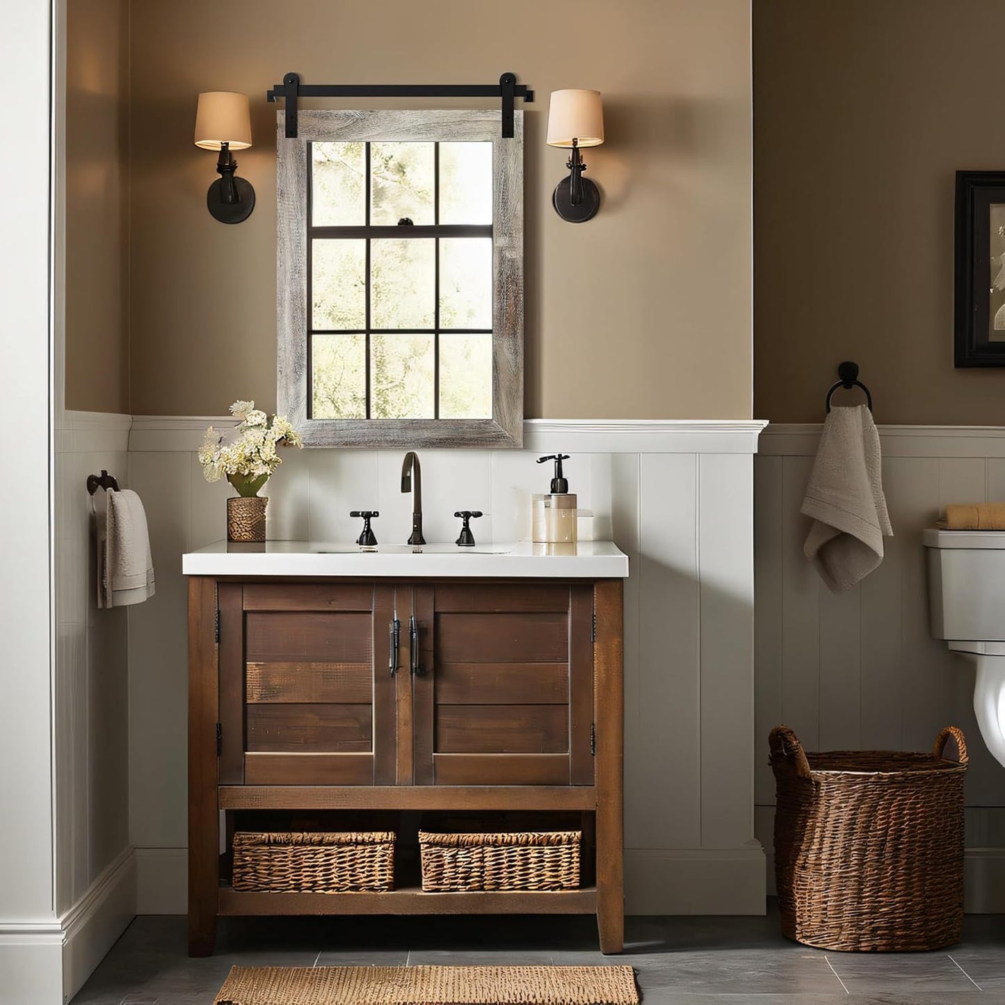 COGOOD Farmhouse Barn Door Mirror - 21 x 30 Rustic Wood Framed Wall Mirror for Bathroom, Living Room, Entryway Wall Decor (Yellow White)