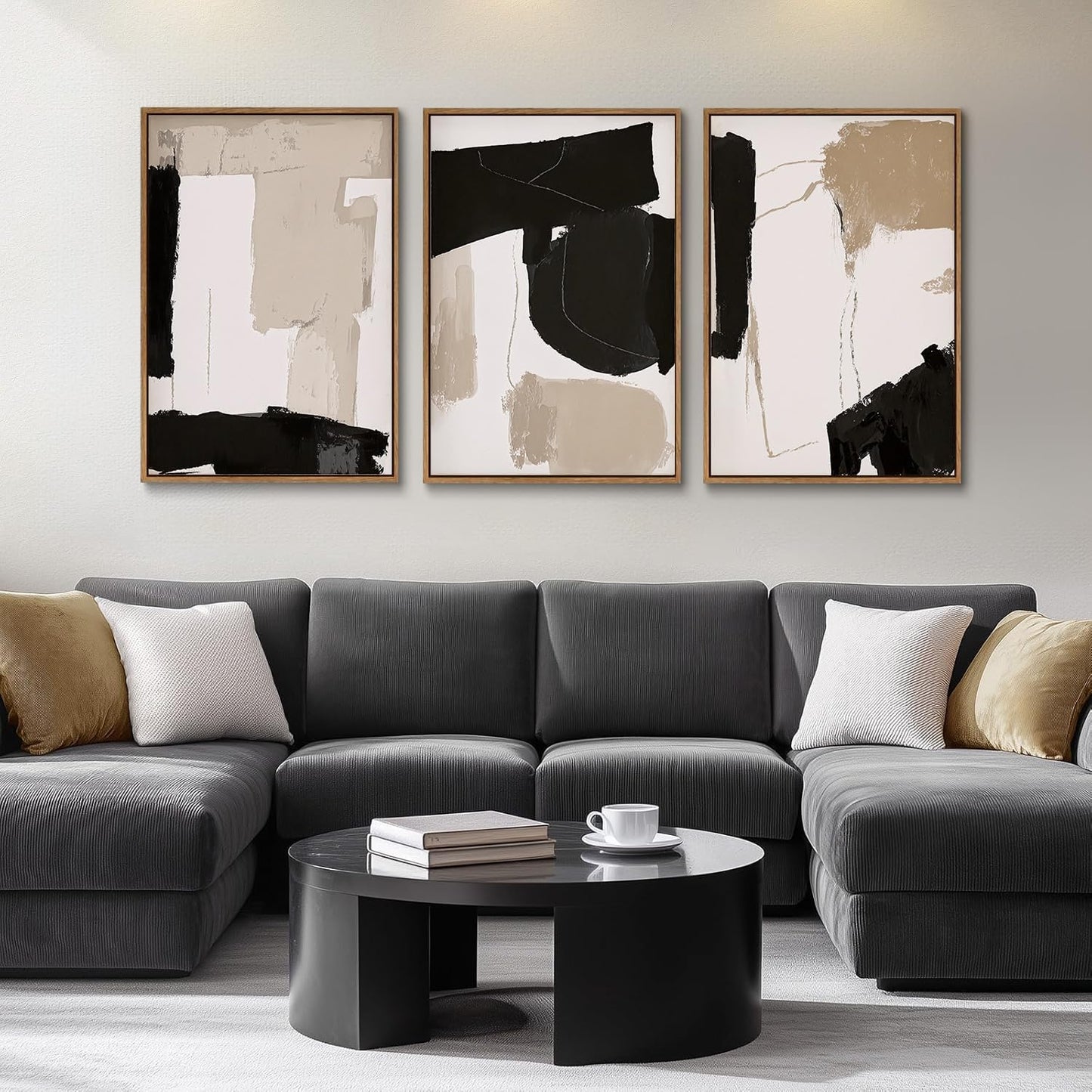myusuar 3 Piece Large Modern Abstract Canvas Framed Wall Art For Living Room, Black And Beige Blocks Minimalist Wall Art Decor Posters Prints For Bedroom Office, 16x24in