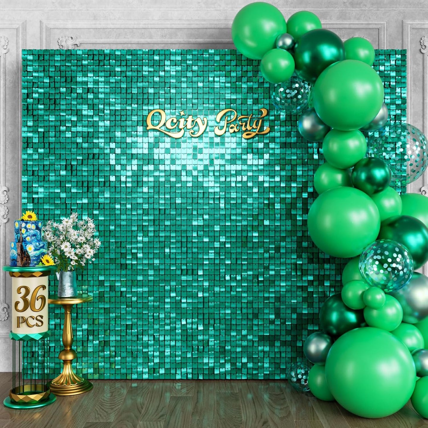 Qcity Emerald Green Shimmer Wall Backdrop 36PCS, Black Back Not See-Through Design, Square Sequin Glitter Backdrop Panel, Perfect for Outdoor Events, Birthdays, Wedding and Party Decoration