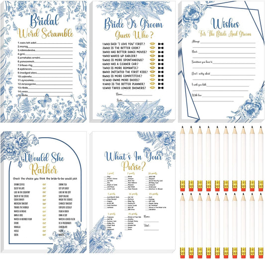 Teling 145 Pieces Bridal Shower Game Bridal Shower Favors Set Wedding Games Cards and Pencils for Bride Groom Bachelorette Party Wedding Party Favor (Blue Floral Style)
