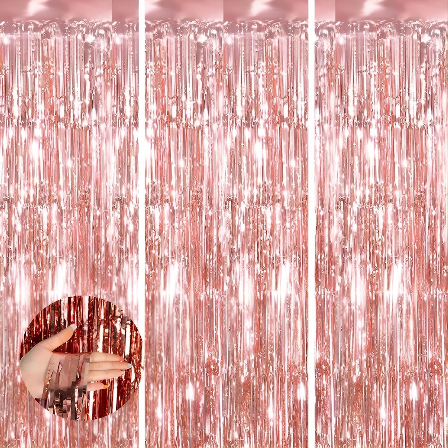 Keyali 3 Pack 3.3 * 8.3 ft Foil Curtain Metallic Tinsel Fringe Curtains Photo Booth Props Backdrop for Birthday Wedding Engagement Baby Shower Christmas Holiday Celebration Partyl,Rose Gold