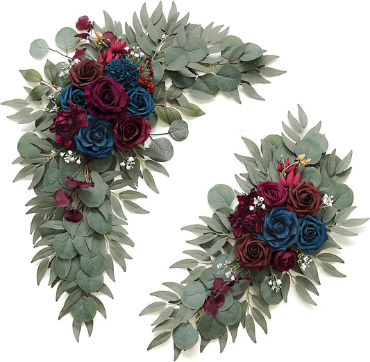 Navy and Burgundy Flower for Wedding Welcome Signs Decorations, Artificial Burgundy Wedding Arch Flowers for Wedding Ceremony (Set of 2)