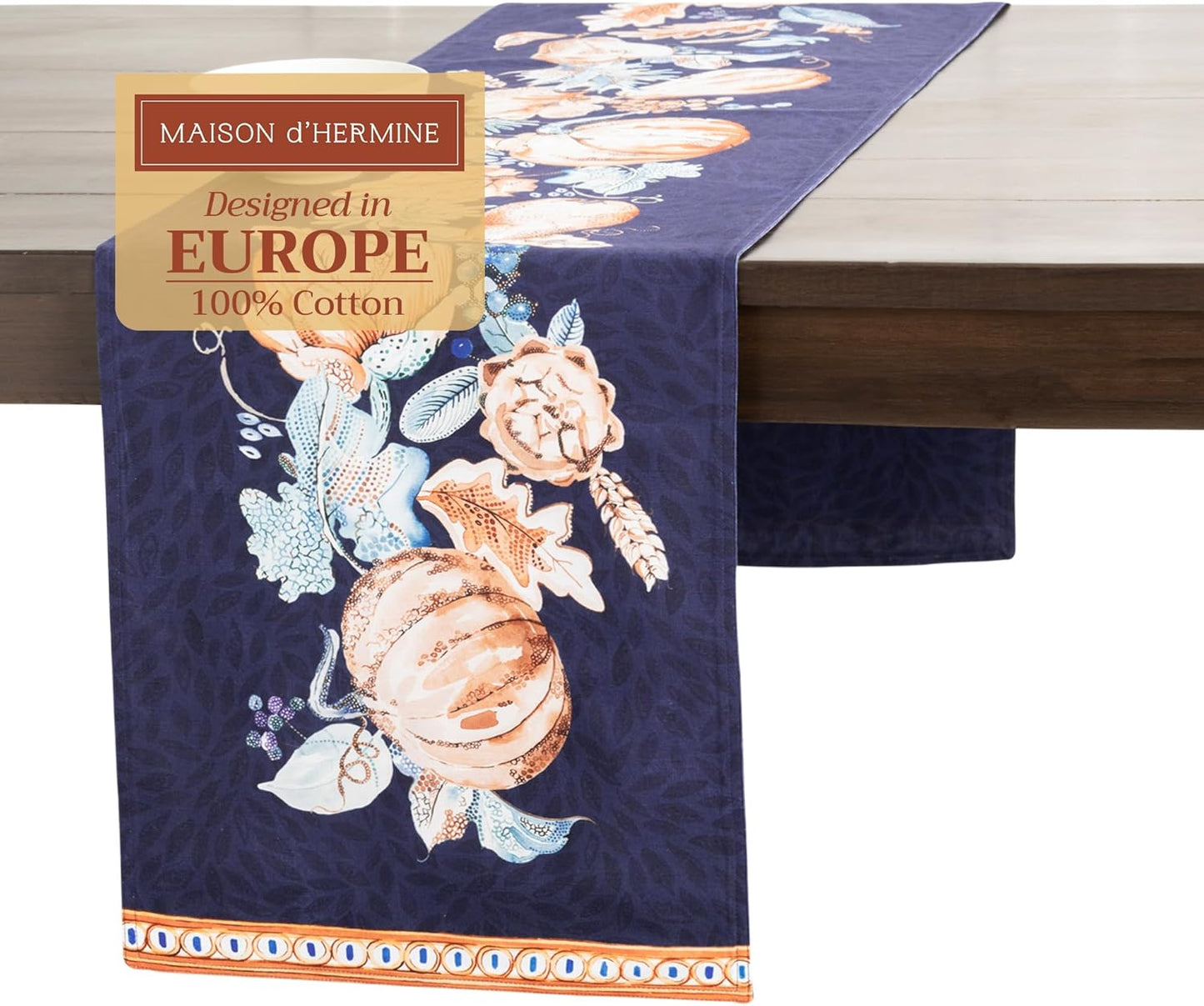 Maison d' Hermine Table Runner 100% Cotton Double Layer Table Runners 72 inches Long for Thanksgiving Christmas Decorations Home Kitchen Dining Party Wedding (Pumpkin Blues, 14.5" x 72")
