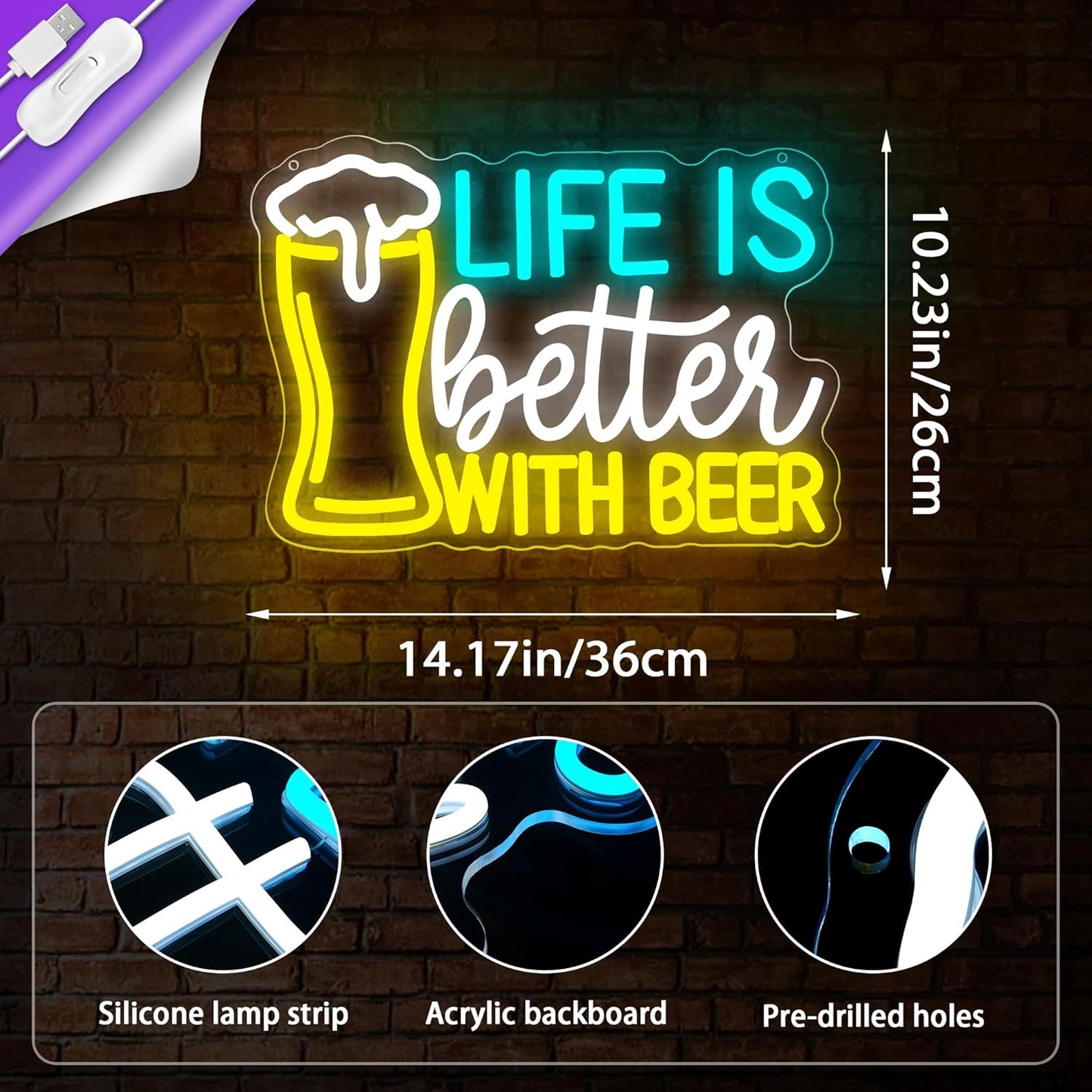 Beer Neon Sign for Wall Decor Bar LED Sign Beer Neon Light for Man Cave Bedroom Home Bar Shop Pub Bistro Party Hotel Game Room Decor Birthday Gifts for Man USB Powered Size14.1 * 10.2inches(JTD293)