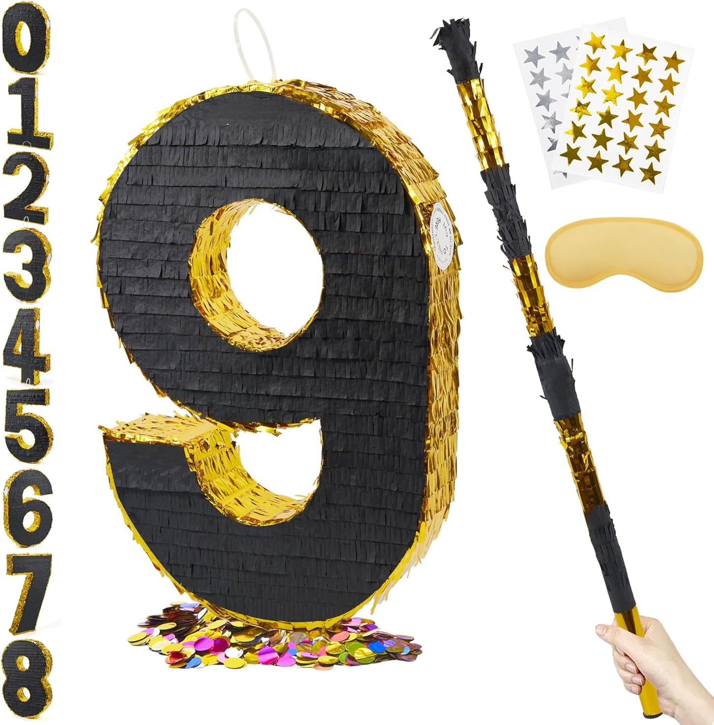 PCFING 20 Inch Number 9 Piñata Gold Black with 30 Inch Piñata Stick Blindfold Confetti for Man Women Boys Girls Birthday Party Decorations, Anniversary Celebration, Fiesta