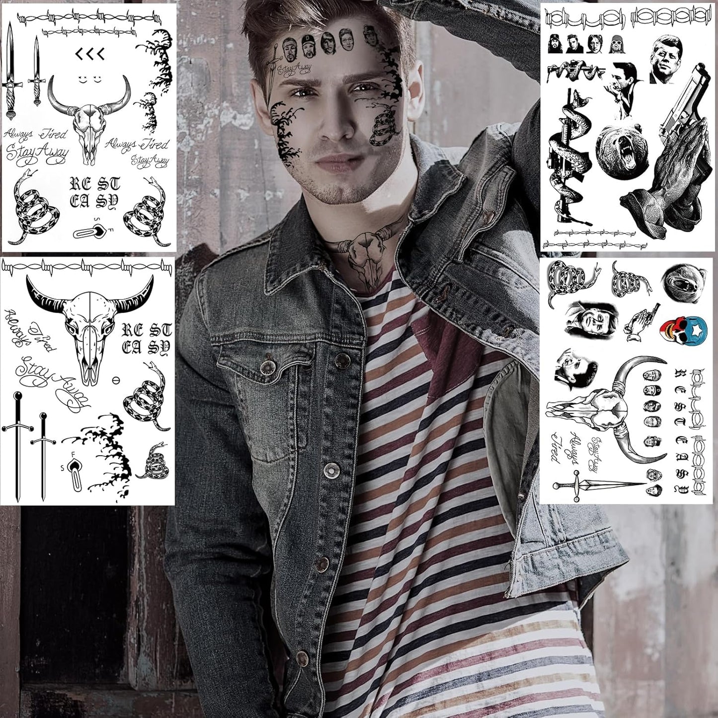 12 Sheets Halloween Face Temporary Tattoos Set, Cosplay Rapper Inspired Temporary Tattoos Tattoos, Halloween Costume Accessories and Parties for Women and Men