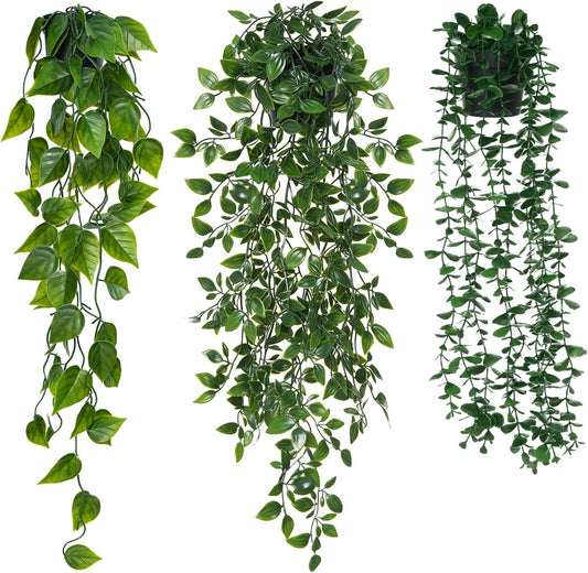 3 Pack Small Fake Hanging Plants, Artificial Eucalyptus, Pothos & Mandala Vines with Plastic Pot for Indoor Home Decor, Wall, Office, Bathroom, Kitchen, Shelf, Farmhouse Room Decoration