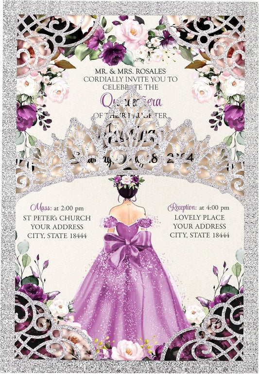 50Pcs Purple Crown Invitations for Quinceanera, 15 year, Sweet 16, Miss XV, Birthday Laser Cut Quince Invitation Cards Personalized Glitter Silver