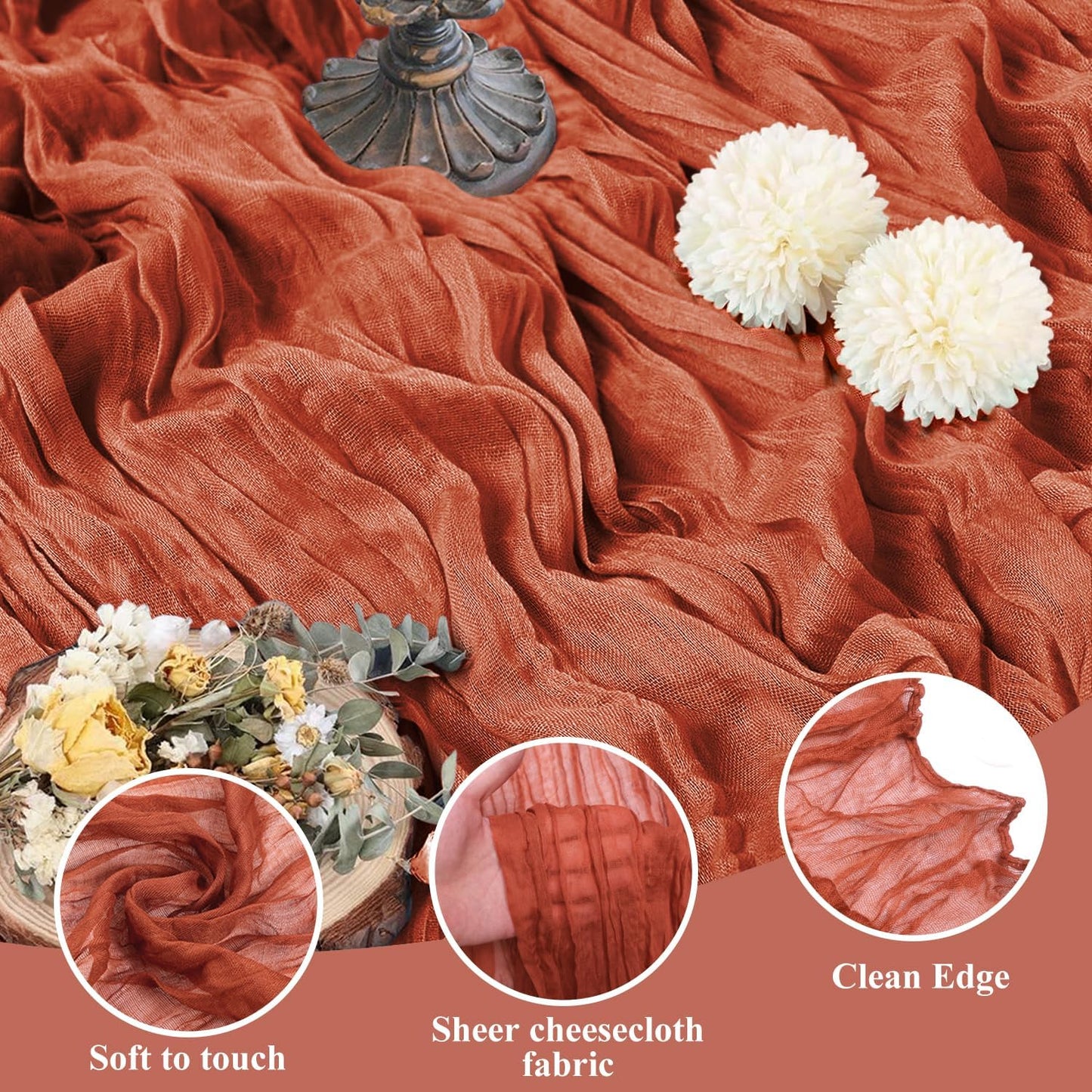 Asee'm 12pcs Cheesecloth Table Runner 120 Inches Long Terracotta Boho Gauze Cheese Cloth Runner 10FT Rustic Sheer Fall Table Runners for Thanksgiving Christmas Wedding Party Baby Shower Decoration