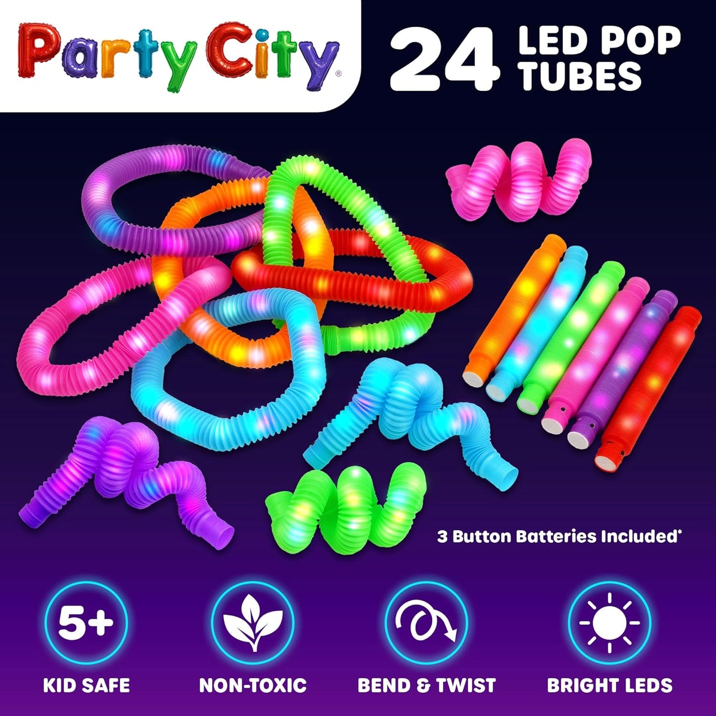 Party City 24pk LED Light Up Pop Tubes 25”- 3 Mode Stretchy Tubes LED Light Up Toys Bulk Glow Sticks Party Favors for Kids Necklaces Bracelets Neon Glow in the Dark Supplies Fidget Sensory Tube Pack