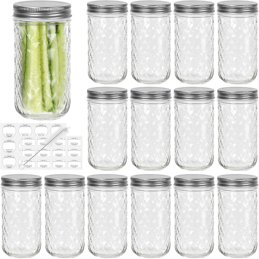 CycleMore 15 Pcs 12oz Mason Jars With One Piece Silver Metal Lids, Canning Jars Glass Regular Mouth Jar for Honey, Jam, Jelly, Wedding Favors, Kitchen Food Storage