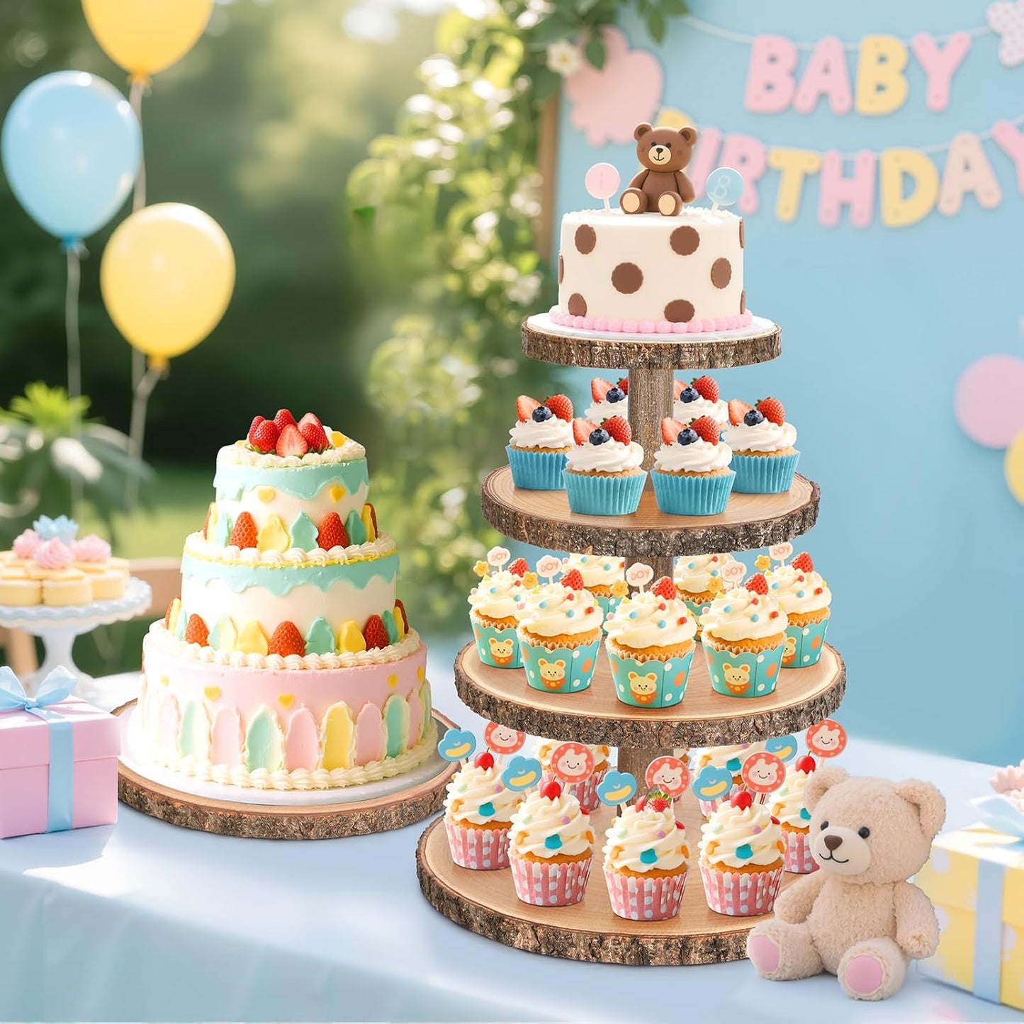 Wooden Cupcake Stand for 50 Cupcakes 4-Tier Dessert Tower Rustic Tiered Display Stand for Woodland Baby Shower Decorations, Farmers Market Decor, Wedding, Birthday, Graduation, Tea Party