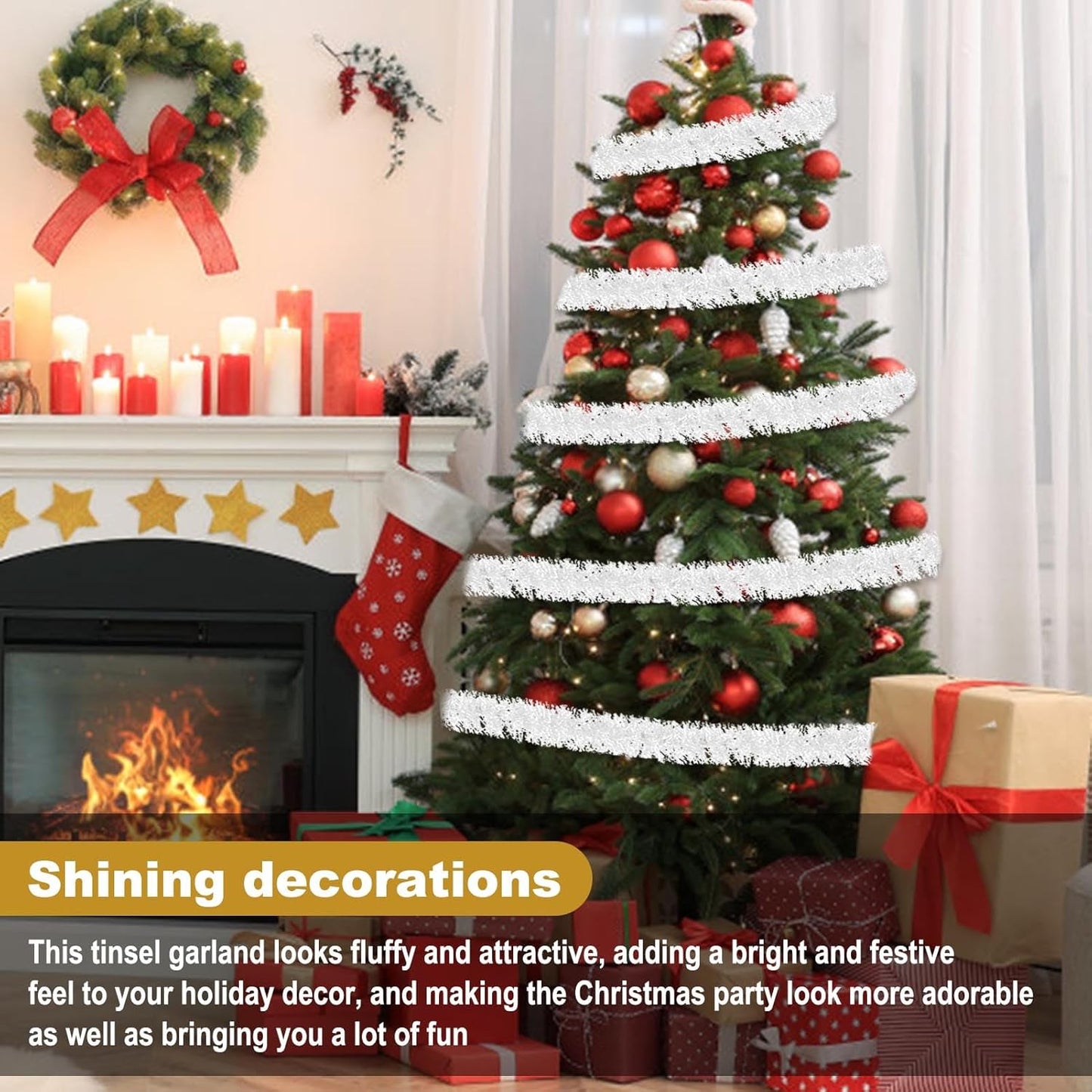 25 Feet Macaron White Christmas Tinsel Garland, Metallic Foil Twist Garland Wall Hanging Tinsel Banner Backdrop for Parade Floats, Easter, Mother's Day, Birthday Party Decorations (4in x 25ft)