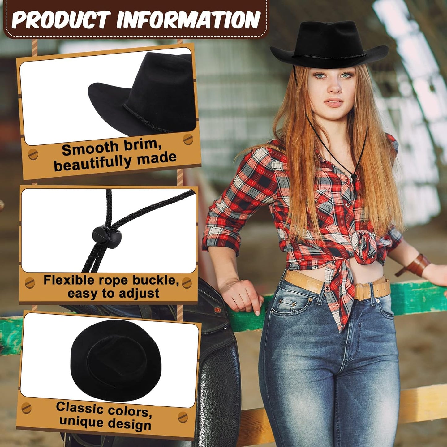 Mepase 24 Pieces Disposable Plastic Western Cowboy Hat Set Felt Wide Brimmed Cowgirl Hats for Men Women Costume Party(Black)