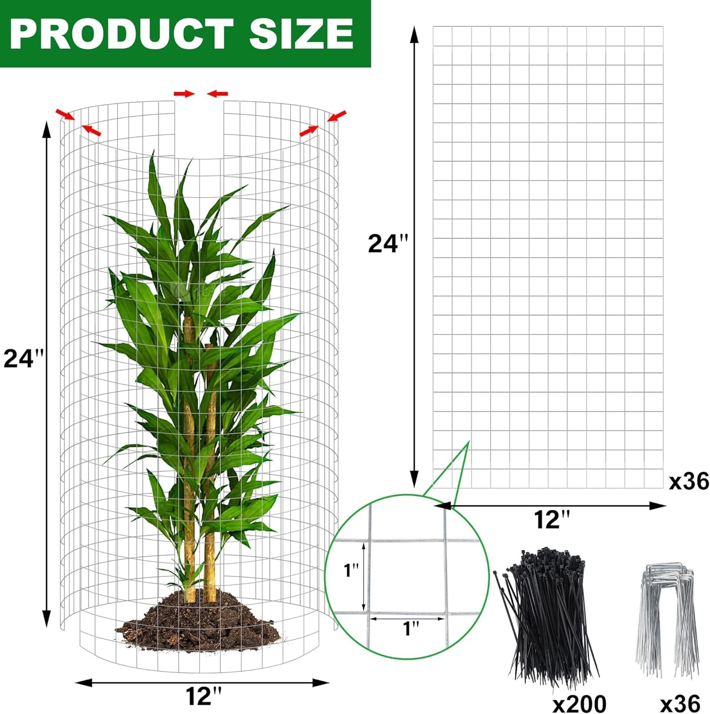 winemana 12 Set Garden Plant Protector Cage, 24x12 in Metal Wire Protectors for Plants, Protection Cages with Stakes & Nylon Ties, Animals Barrier to Keep Rabbit & Chicken Away from Flower Vegetables