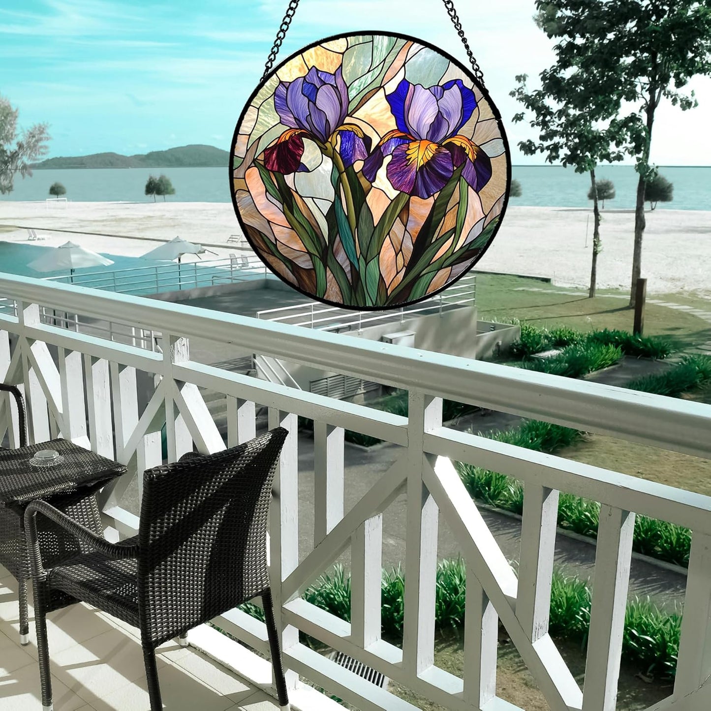 Stained Glass Window Hanging, Purple Blue Iris Birth Flower Suncatcher for Doors Garden Yard Sun Catchers Decor Christmas Mother's Day Birthday Gifts for Teacher Women Mom Nana Wife 11.8 in