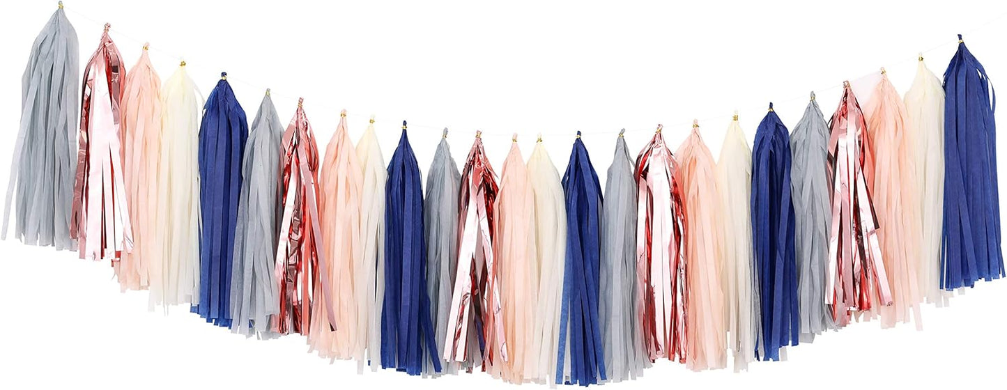 Fonder Mols Tissue Paper Tassel Garland DIY Kit Tassels Banner Decorations for Baby Boy Shower Nursery Decor (Pack of 25pcs, Navy Gray Beige Rose Gold Champagne) A30