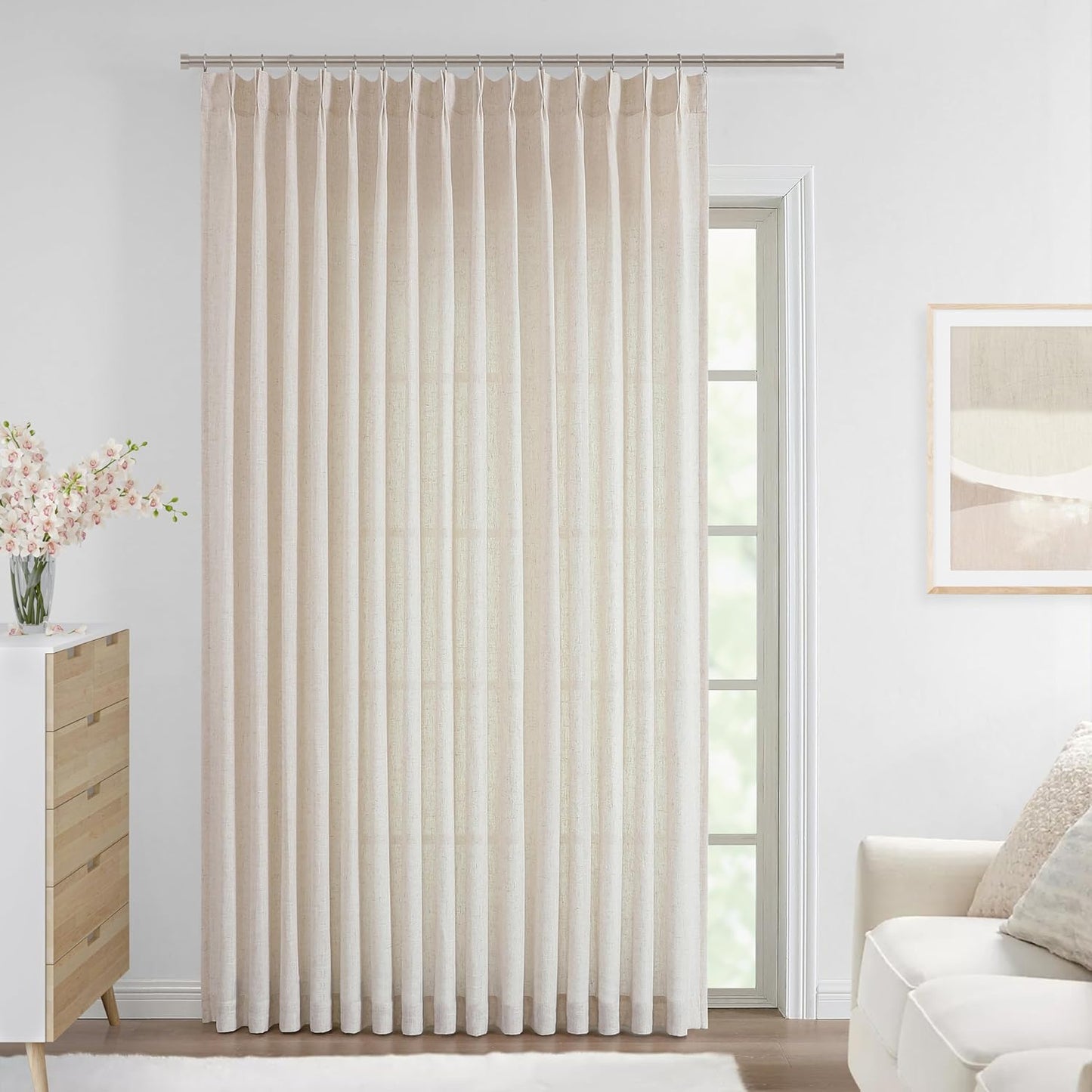 Vision Home Natural Pinch Pleated Semi Sheer Curtains Textured Linen Blended Light Filtering Window Curtains 102 inch for Living Room Bedroom Patio Pinch Pleat Drapes with Hooks 1 Panel 84" Wx102 L