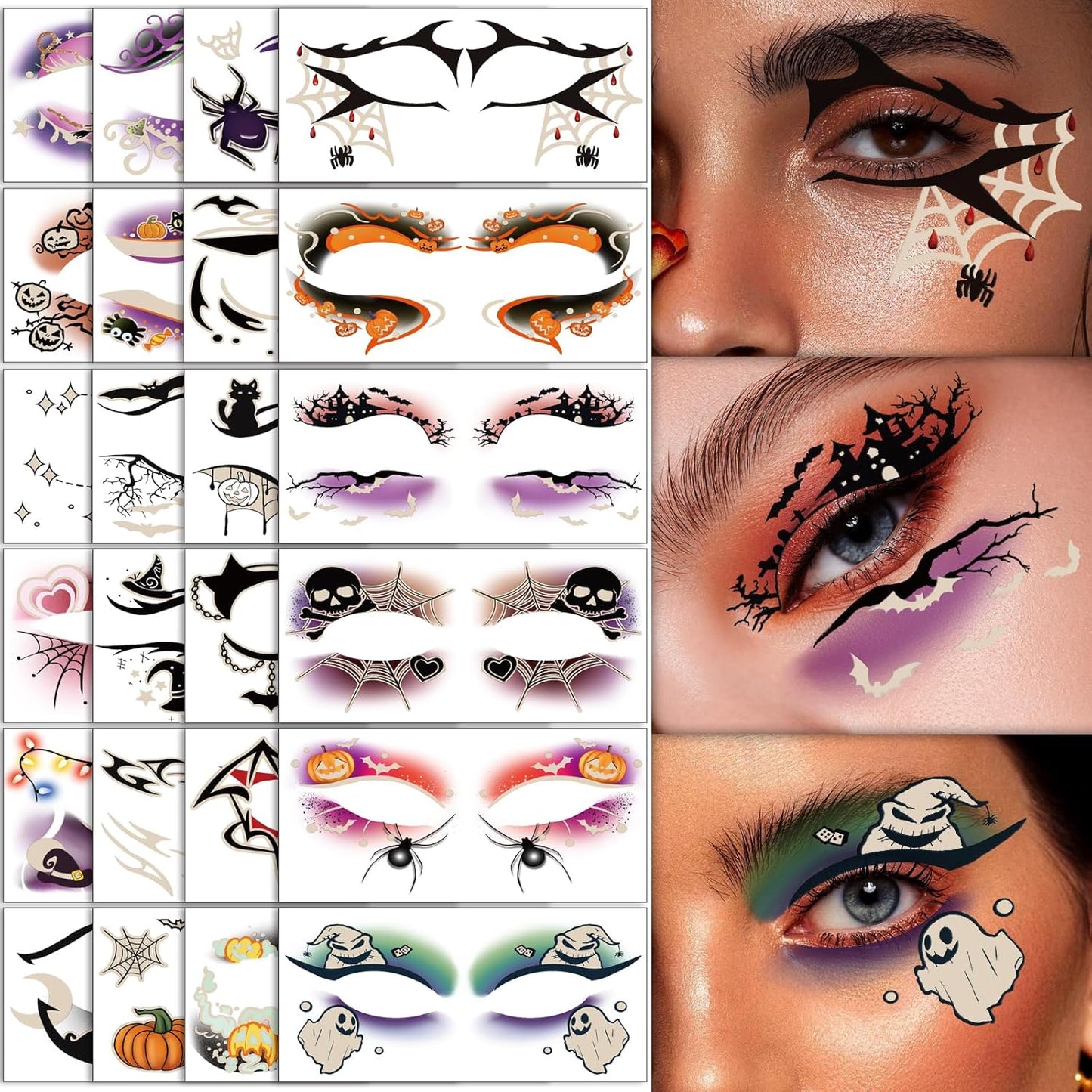 24 Pairs Halloween Luminous Eye Shadow Temporary Tattoos, Eyeliner Tattoo Stickers Spider Web Bat Pattern, Glow in the Dark Eyeliner Fake Tattoos for Women Men Eye Makeup Halloween Party Supplies