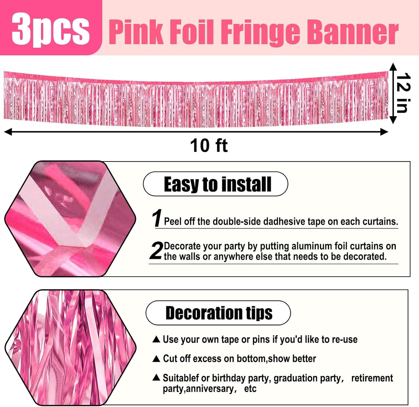 3 Pack 10 Feet Pink Foil Fringe Garland Metallic Tinsel Streamers Banner Wall Hanging Curtain Backdrop for Parade Floats, Christmas Day, Valentine's Day, Thanksgiving, Birthday Party Decorations