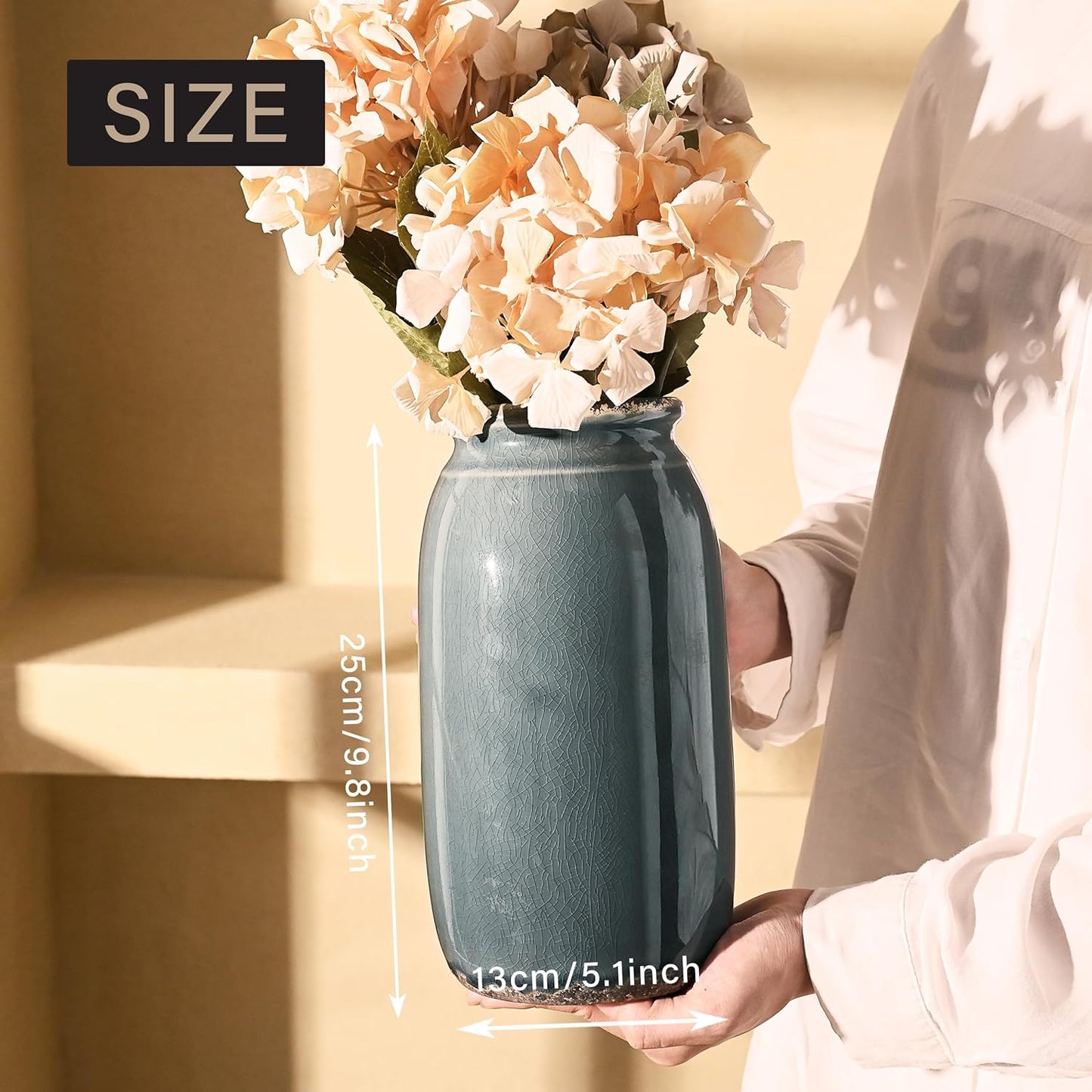 VICTOR & TERESA Rustic Large Blue and Grey Vase for Home Decor, 10'' Tall Ceramic Vases for Flowers, Farmhouse Decorative Vases for Pampas Grass, Table, Mantel, Living Room, Centerpieces