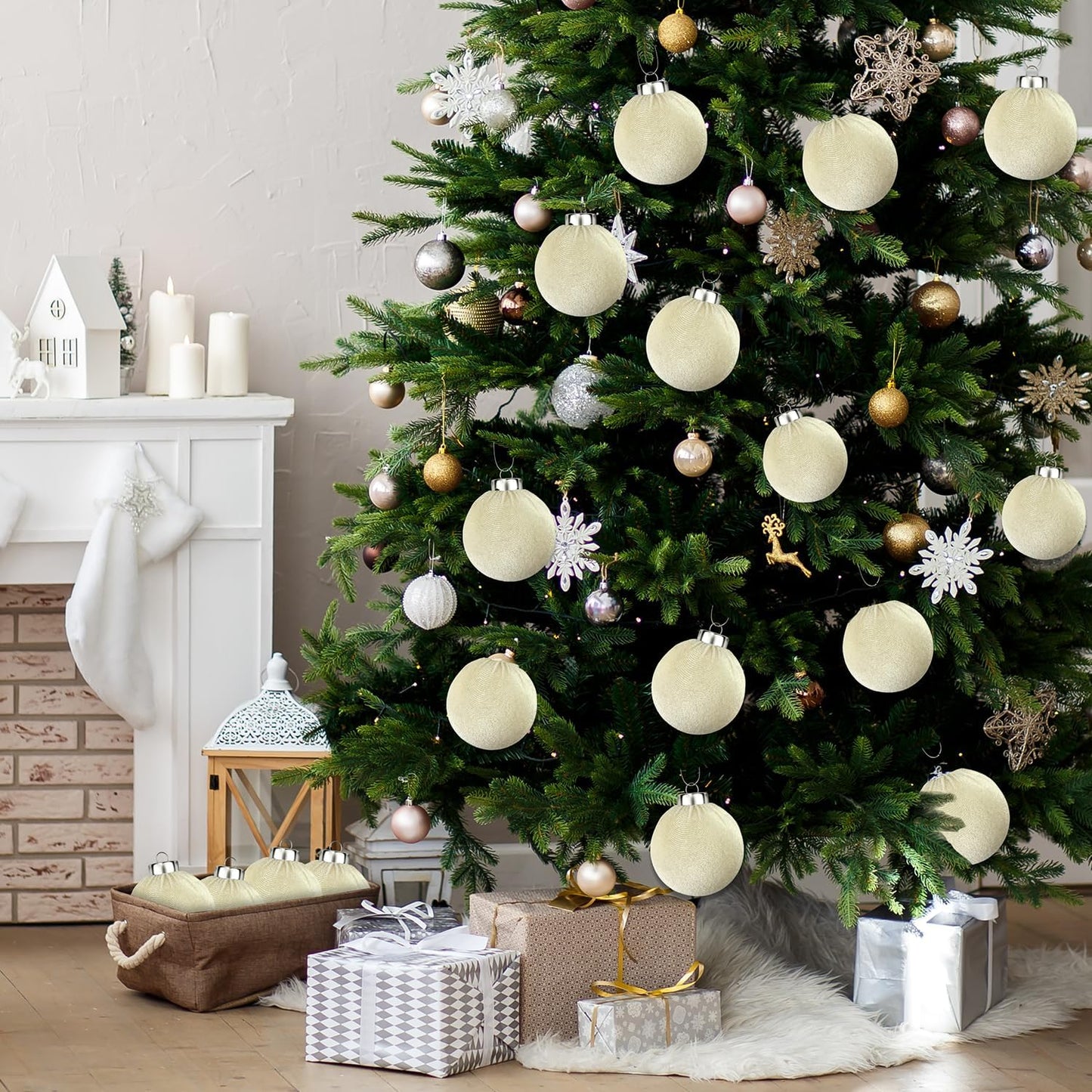 Beige Velvet Christmas Ball Ornaments for Tree 15 PCS, Large Neutral Flocked Christmas Bulbs Ornaments Set, Shatterproof Xmas Hanging Baubles Decorations (Beige, 3.15 Inch)