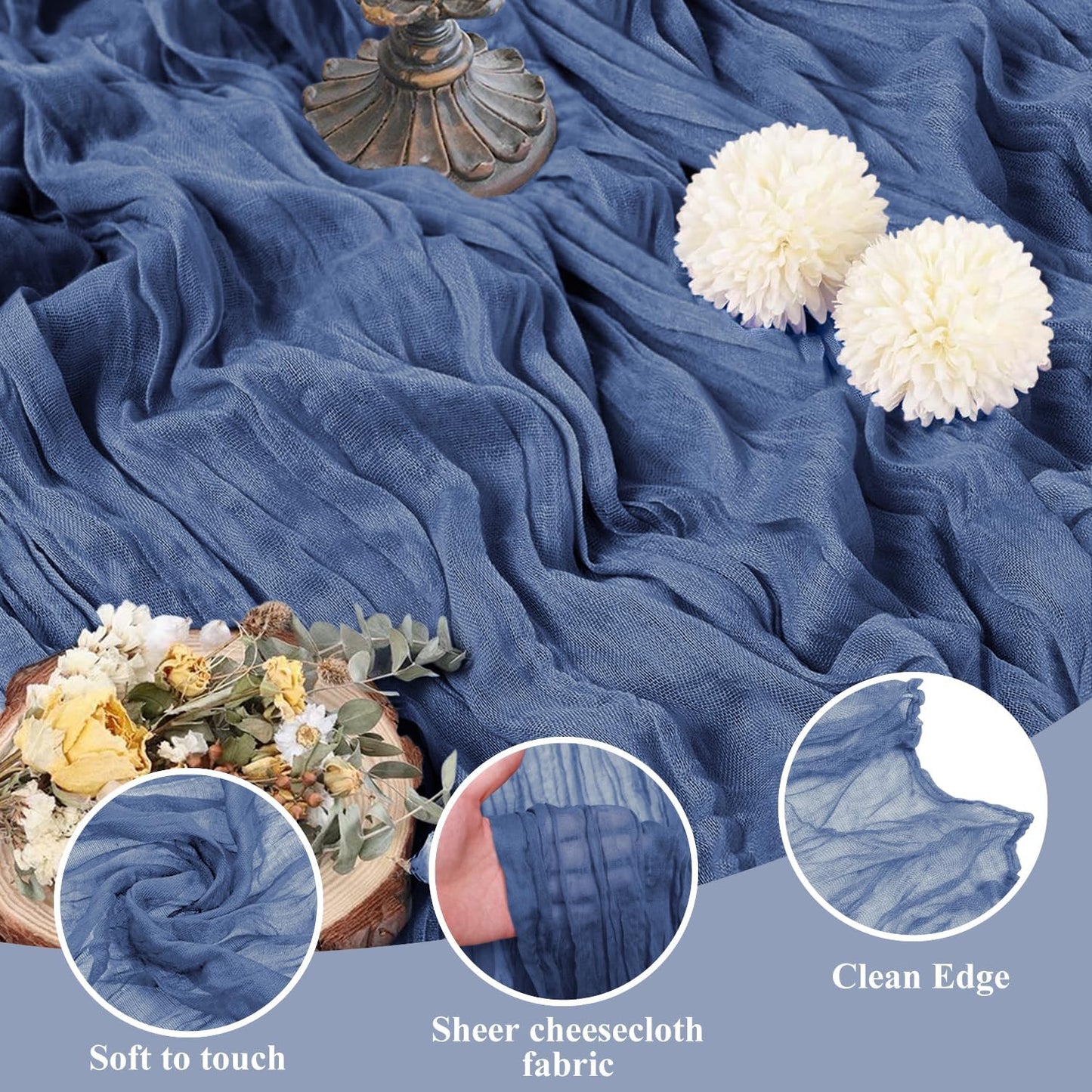 Asee'm 6pcs Cheesecloth Table Runner 120 Inches Long Blue Boho Gauze Cheese Cloth Runner 10FT Rustic Sheer Table Runners for Christmas Wedding Party Baby Shower Spring Easter Decoration