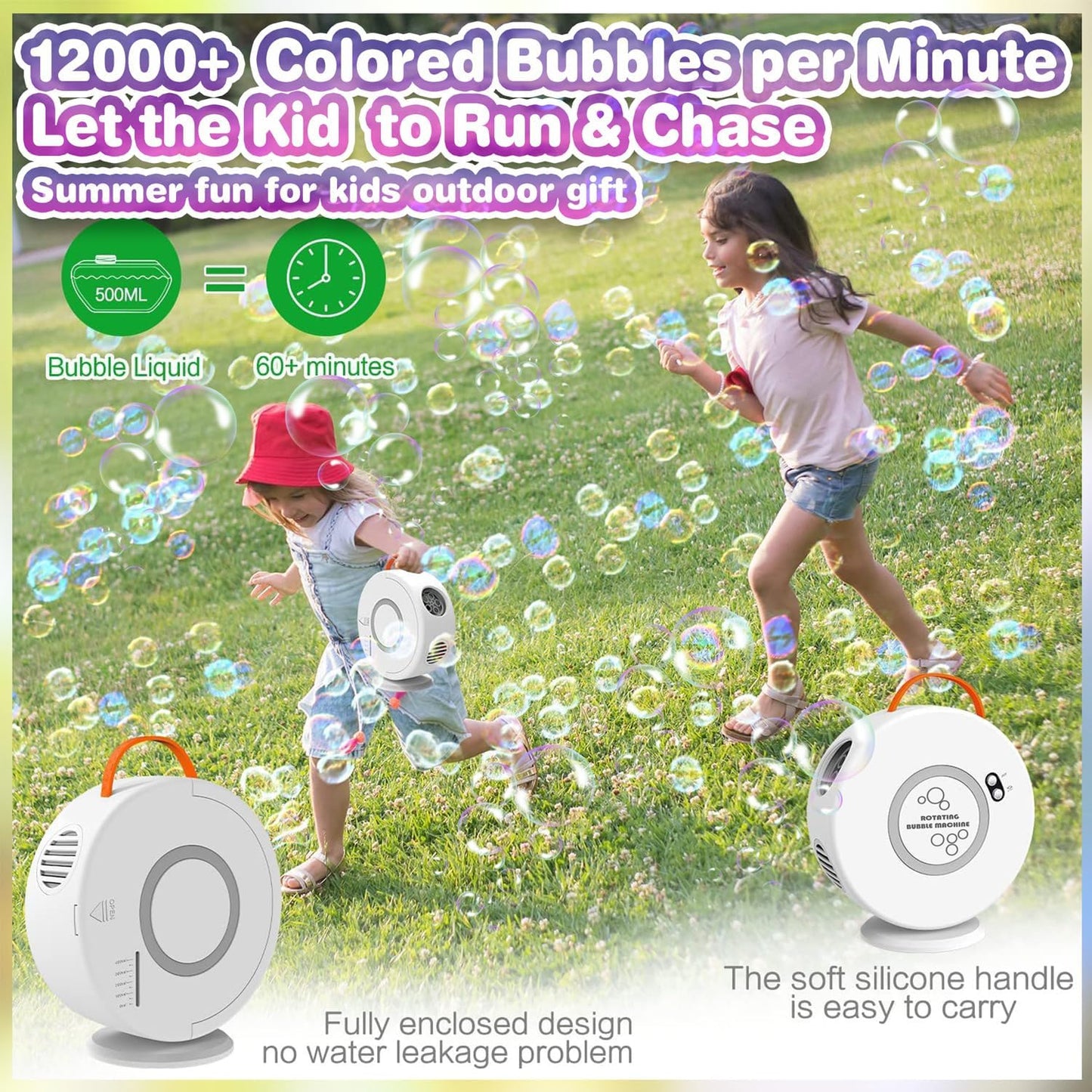 Bubble Machine for Kids Toddlers, Automatic Rechargeable Bubble Machine, 12000+ Bubbles Per Minute, Rotating 90°/360° Oscillating Electric Bubble Maker Outdoor Toys for Ages 3-5