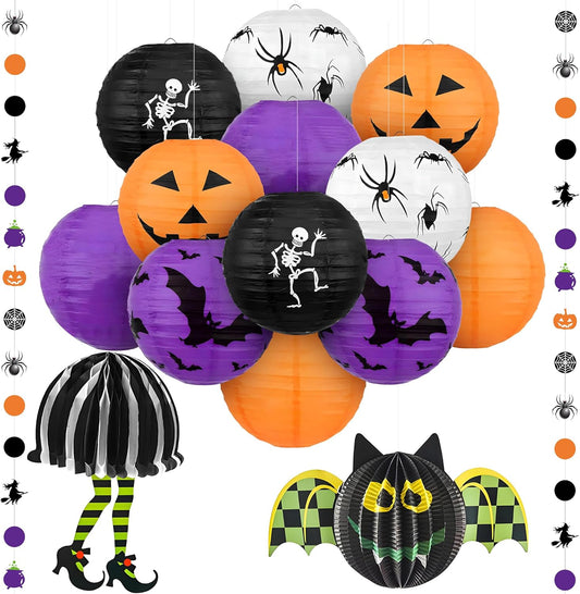 KatchOn, Halloween Hanging Paper Lanterns Set - Pack of 15 | Halloween Paper Lanterns, Halloween Honeycomb Decorations for Halloween Decorations | Halloween Garland for Halloween Party Decorations