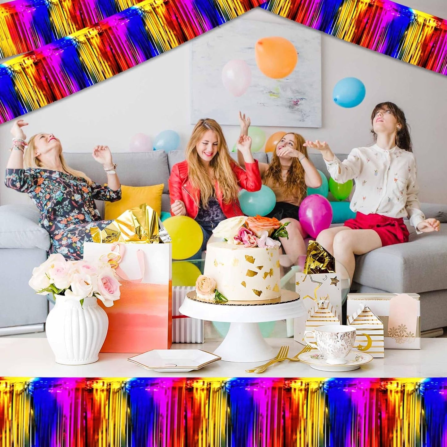 4 Pack 10 Ft Rainbow Foil Fringe Garland Metallic Streamers Tinsel Banner Wall Hanging Garland Backdrop for Parade Floats, Halloween, Christmas, Thanksgiving, New Year Party Decorations