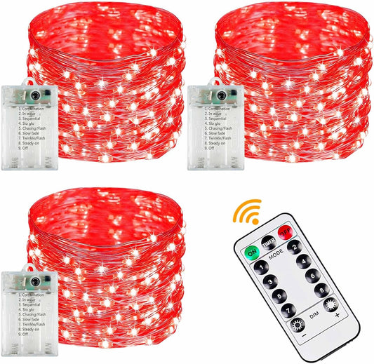 3 Pack Fairy Lights Battery Operated with Remote Control Timer, 26 FT 80 LED String Lights Outdoor Indoor Decorations, 8 Modes Twinkle Lights for Christmas Party Wedding Birthday Bedroom Décor (Red)