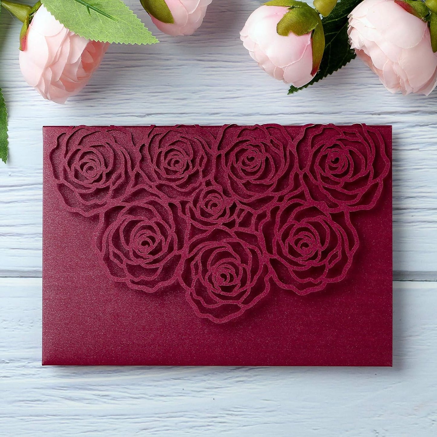 20 Pcs Laser Cut Wedding Invitations Card Pocket with Envelope for Birthday Party Baby or Bride Shower Invite suitable for 5 * 7 Inches Insert Paper (Burgundy)