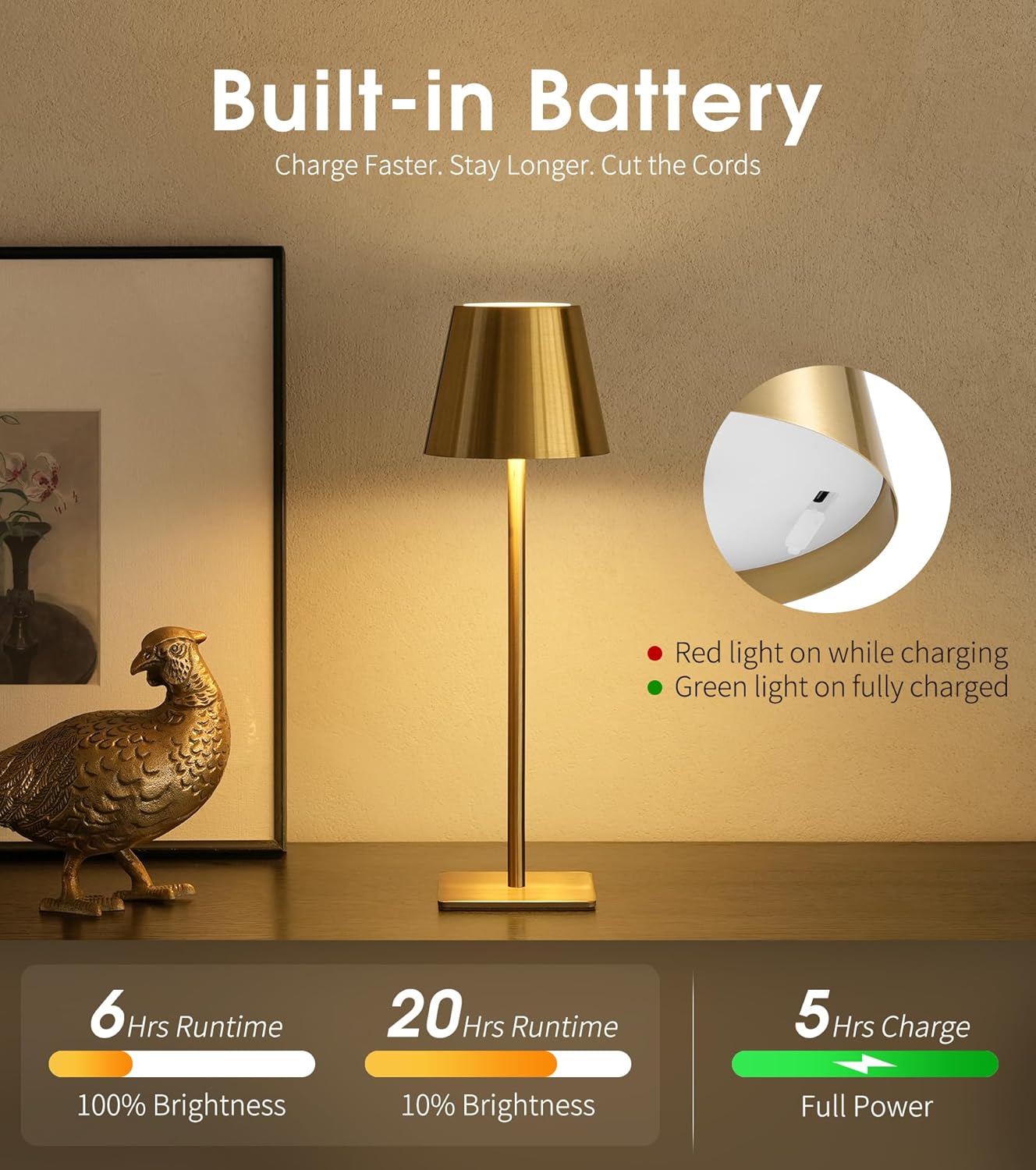 UME 3 Pack Cordless Table Lamp, Battery Operated Lamp - Portable Waterproof Rechargeable Table Lamp w/ 3 Color Temps & Stepless Dimming for Dinner, Desk, Cafe, Outdoor (Brushed Gold)