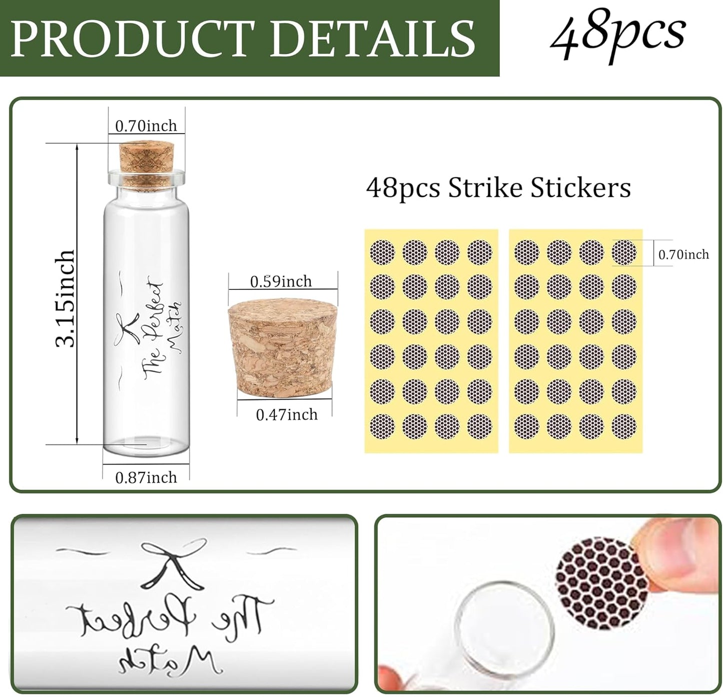 48 Matches Holders Empty Jars with 48 Striker Stickers, Empty Matches in A Jar with Striker DIY Wedding Favors, Candle Holder Containers & Bulk Storage| The Perfect Match Box (0.87x3.15 Inch) (48)