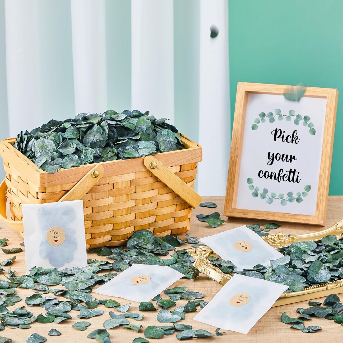 Biodegradable Confetti 10.58 Oz eucalyptus leaves Dried Flower Petals with Throw Me Stickers Confetti Biodegradable Flower Petals for Valentines Decor(Eucalyptus Leaves,Multi Color,55 Pcs)
