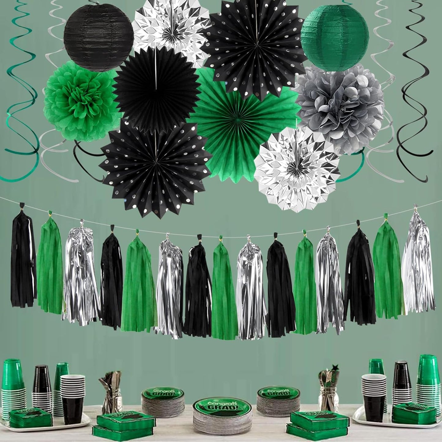 Black Green Silver Football Party-Decorations - 33pcs Banner,Soccer Graduation Streamers Tassel Garland,Tissue Pom Poms Honeycomb,Paper Lantern Fans,Men Boys Birthday Spring Summer Jungle Decor Hugtmr