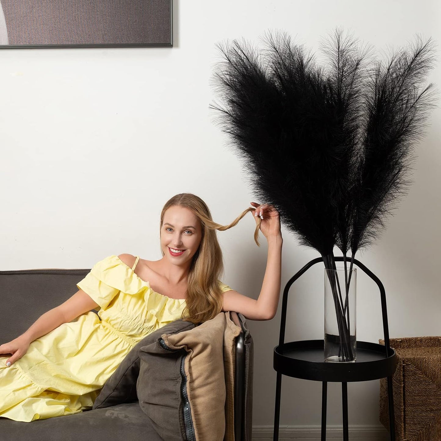 Faux Pampas Grass 6 Stems, Artificial Pampas Grass - 43 inch Total Extra Large Pompass Grass Tall Pompous Boho Flower Arrangement and Floor Vase Filler Home Decor for Room Wedding Party (Black)