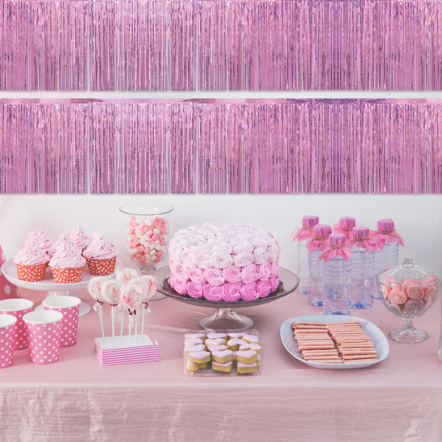 Laser Pink Birthday Decorations Tinsel Garland Parade Float Decorations for Trailer 4Pack 12FT Girls Womens Party Decor Ceiling Fringe Banner Pink Backdrop for Streamers Party Decorations