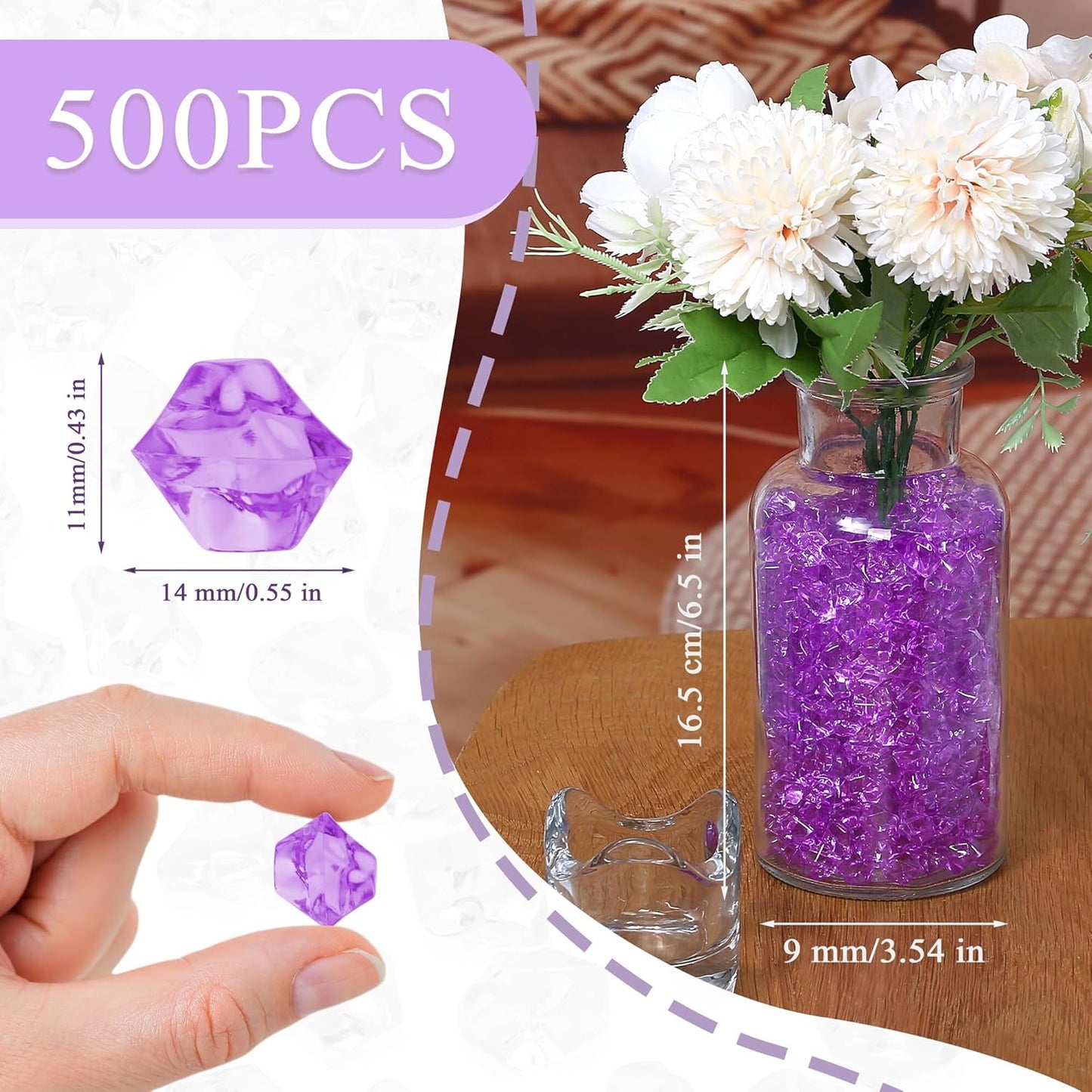 LAIDANLA 500PCS Purple Acrylic Gems Vase Fillers Fake Ice Cubes Plastic Diamonds Fake Crushed Rocks for Centerpiece DIY Party Table Scatter Prop Wedding Decoration Accessories