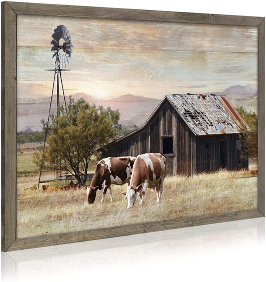 Nature Scene Wooden Framed Art：Horses&Vintage House under the Mountain Painting Print with Framed for Bathroom (12'' x 16'' x 1 Panel)